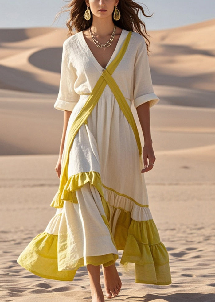 Organic White Asymmetrical Patchwork Ruffles Cotton Party Dress Spring