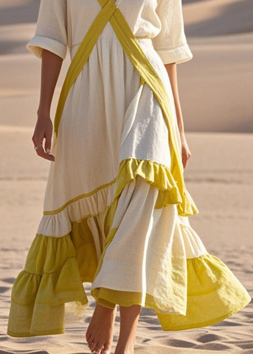 Organic White Asymmetrical Patchwork Ruffles Cotton Party Dress Spring