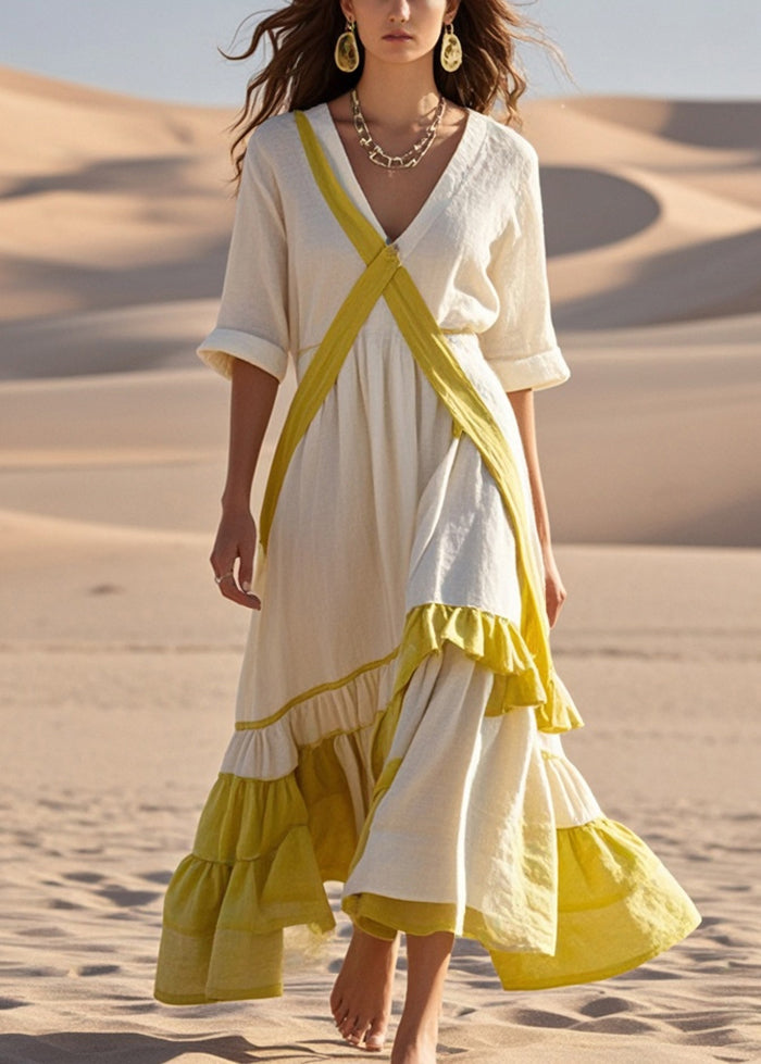 Organic White Asymmetrical Patchwork Ruffles Cotton Party Dress Spring