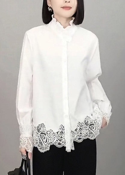 Organic White Button Hollow Out Solid Shirt Long Sleeve