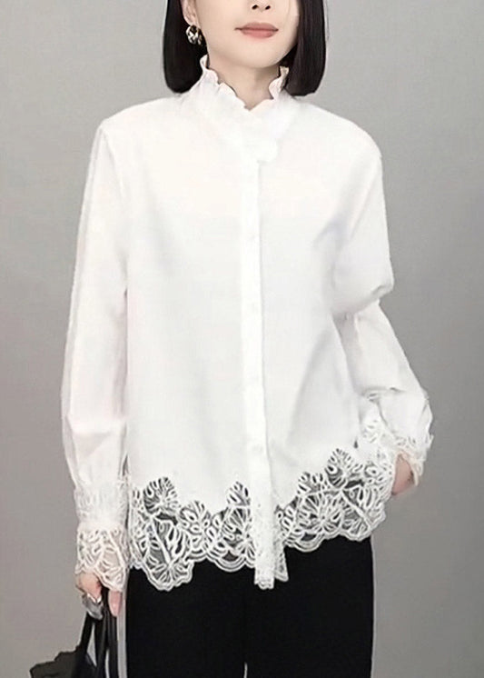 Organic White Button Hollow Out Solid Shirt Long Sleeve