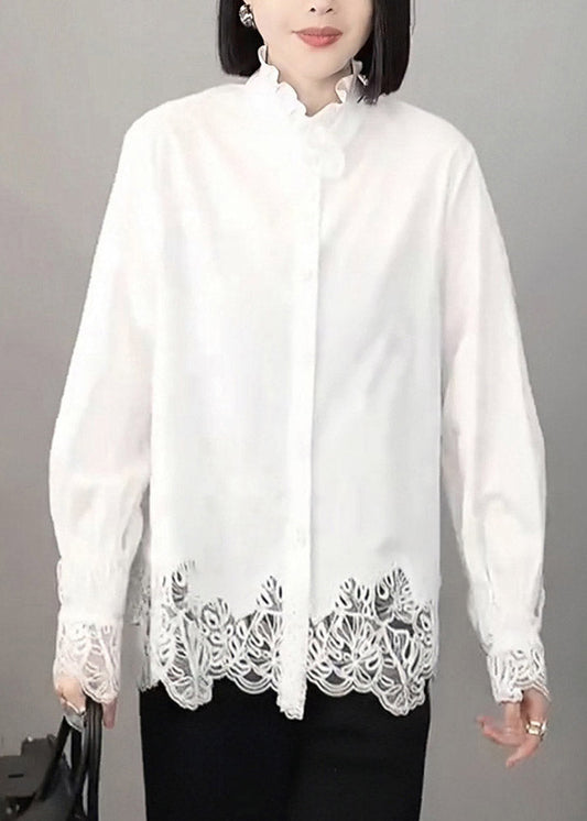Organic White Button Hollow Out Solid Shirt Long Sleeve