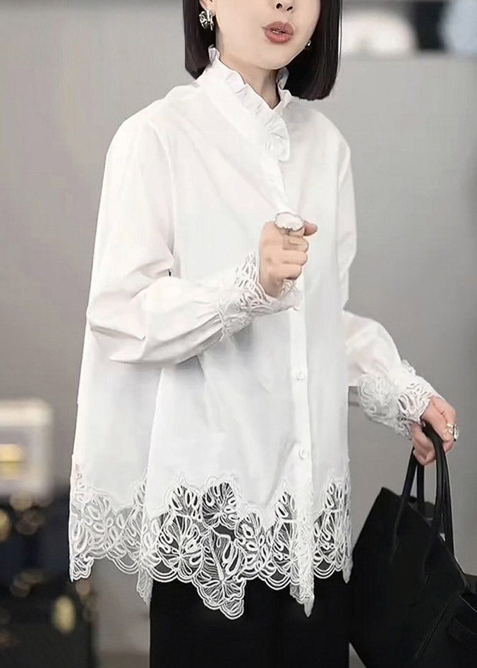 Organic White Button Hollow Out Solid Shirt Long Sleeve