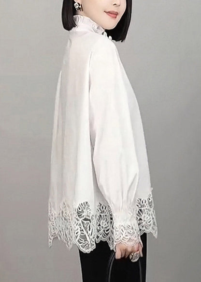 Organic White Button Hollow Out Solid Shirt Long Sleeve