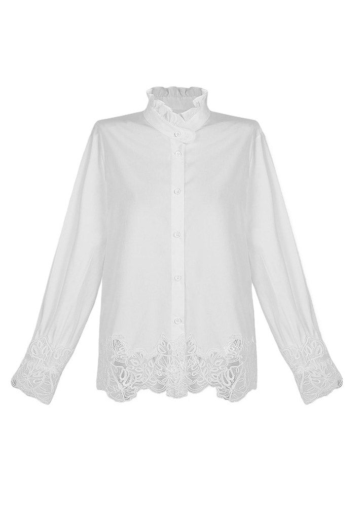Organic White Button Hollow Out Solid Shirt Long Sleeve