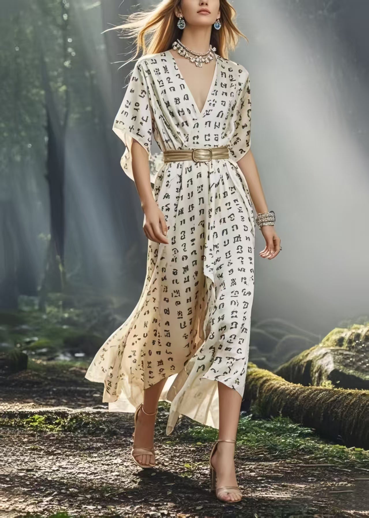 Organic White Cinched Print Silk Maxi Dresses Summer