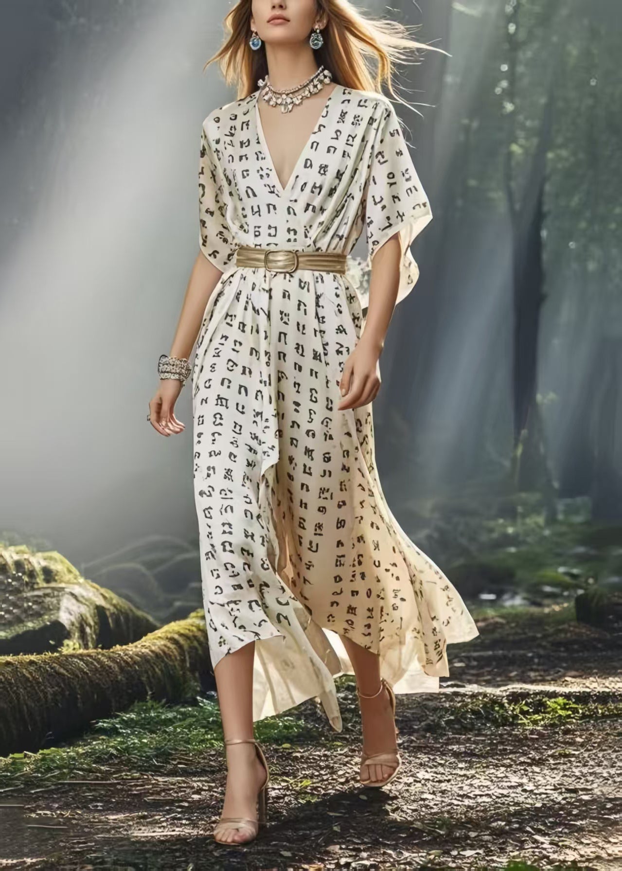 Organic White Cinched Print Silk Maxi Dresses Summer