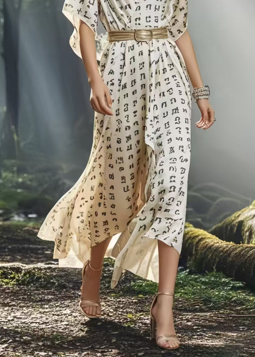 Organic White Cinched Print Silk Maxi Dresses Summer