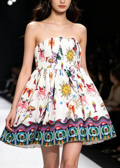 Organic White Cold Shoulder Print Wrinkled Mid Dresses Sleeveless