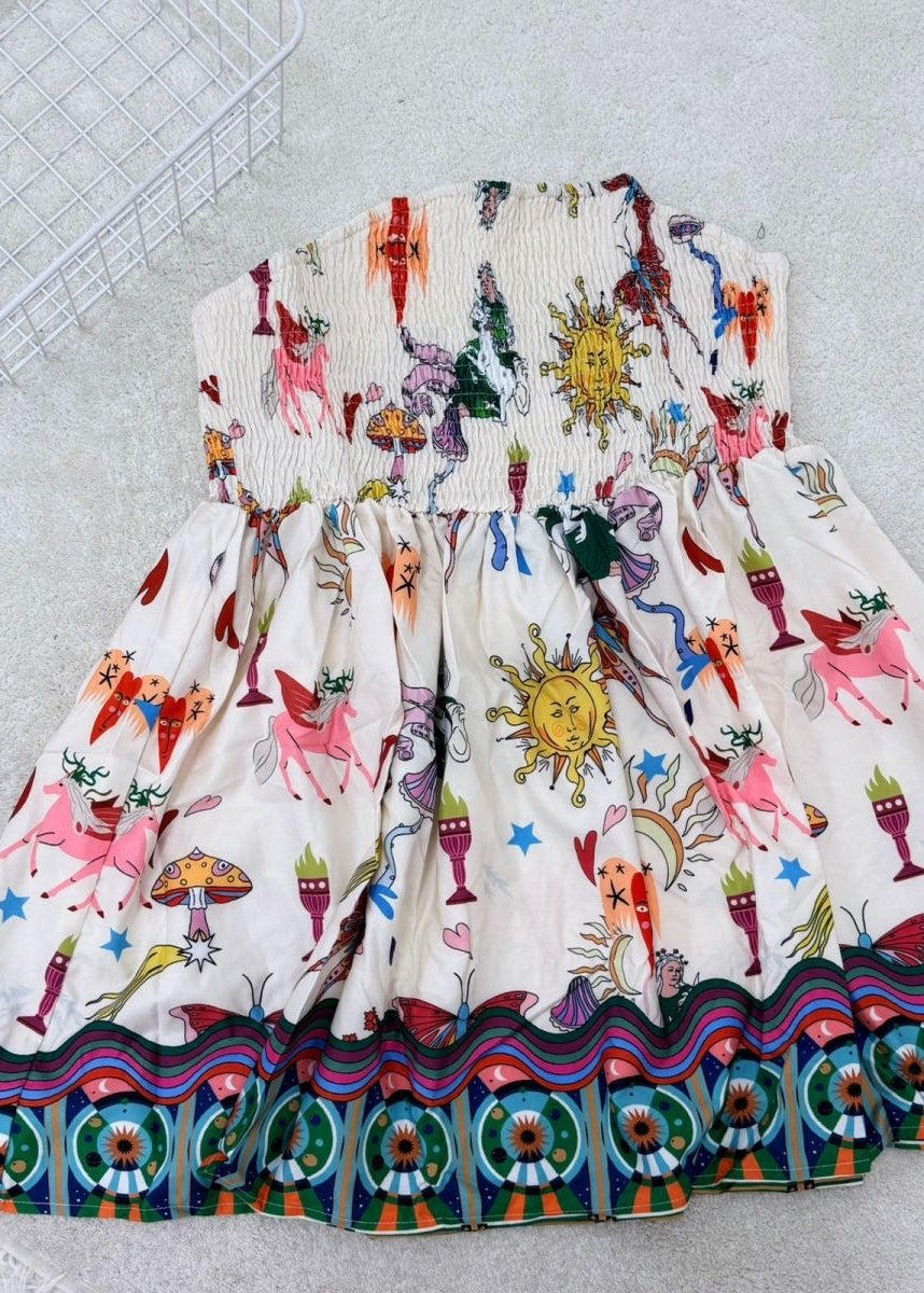 Organic White Cold Shoulder Print Wrinkled Mid Dresses Sleeveless