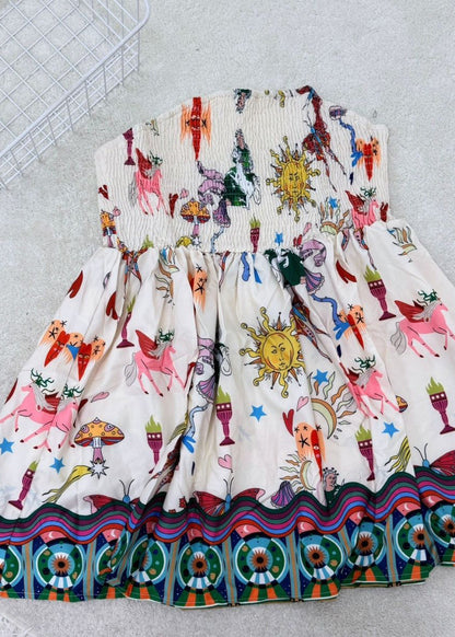 Organic White Cold Shoulder Print Wrinkled Mid Dresses Sleeveless