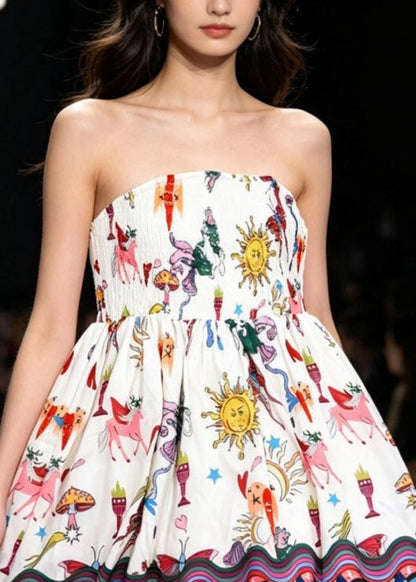 Organic White Cold Shoulder Print Wrinkled Mid Dresses Sleeveless