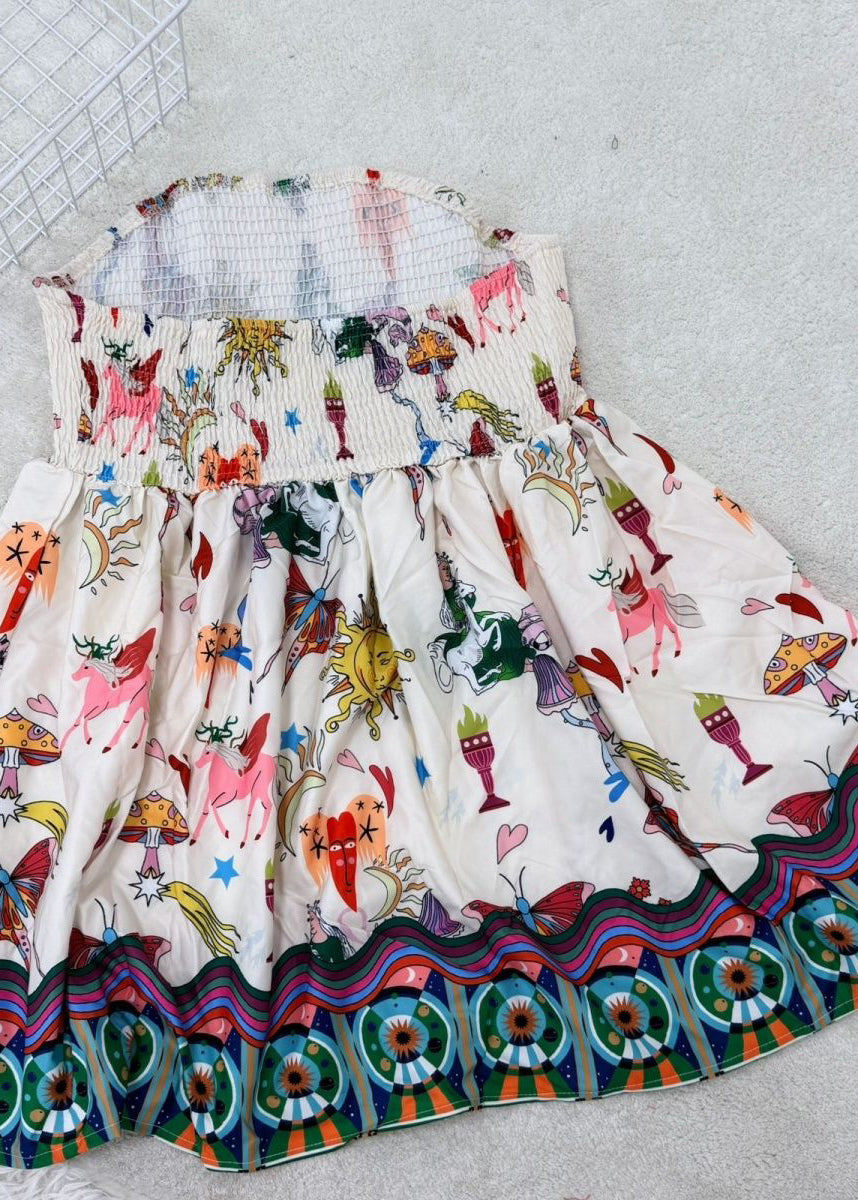 Organic White Cold Shoulder Print Wrinkled Mid Dresses Sleeveless