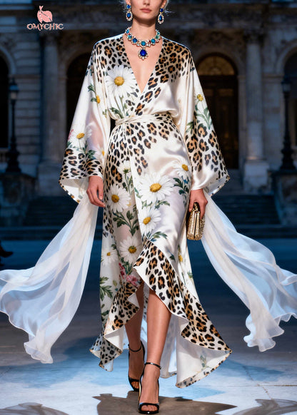 Organic White Daisy Leopard Low High Design Silk Dress Summer