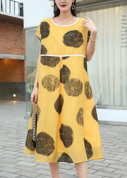 Organic White Dot Loose Patchwork Summer Dress Short Sleeve - SooLinen