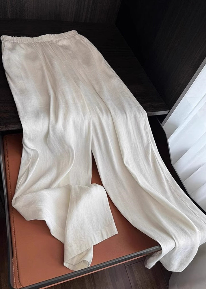 Organic White Elastic Waist Draping Linen Straight Pants Spring