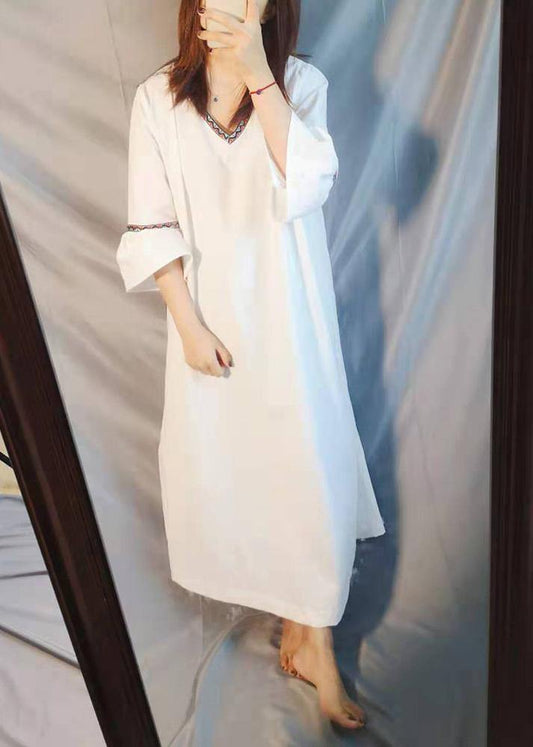 Organic White Embroidery Summer Dresses Gown - SooLinen