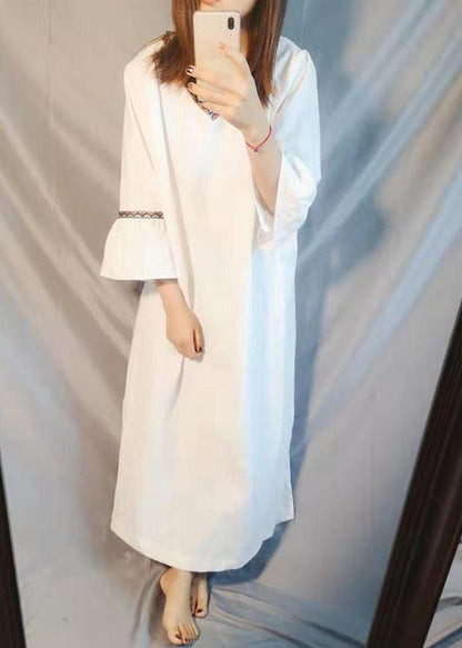 Organic White Embroidery Summer Dresses Gown - SooLinen