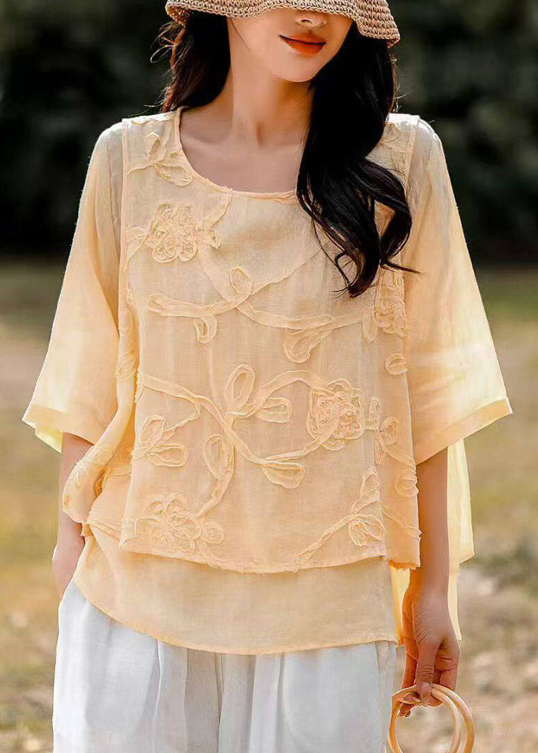 Organic White O-Neck Embroidered Fake Two-Piece Linen Top Summer