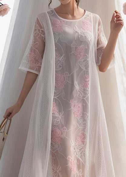 Organic White O Neck Print Patchwork Tulle Dress Summer