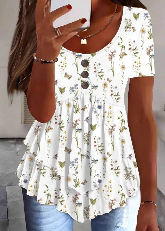 Organic White O-Neck Print Wrinkled Top Summer