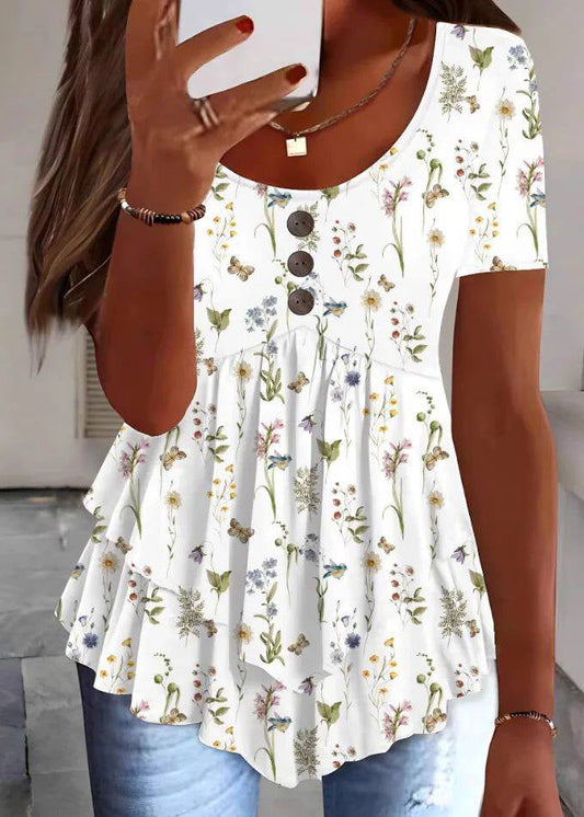 Organic White O-Neck Print Wrinkled Top Summer