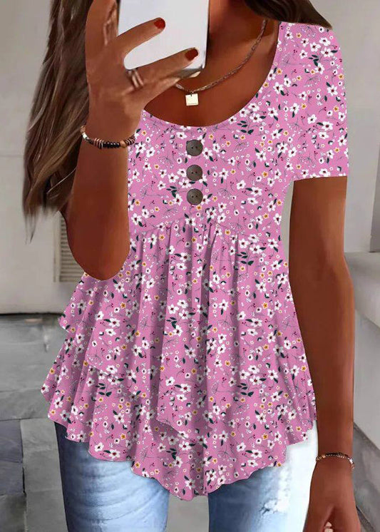 Organic White O-Neck Print Wrinkled Top Summer