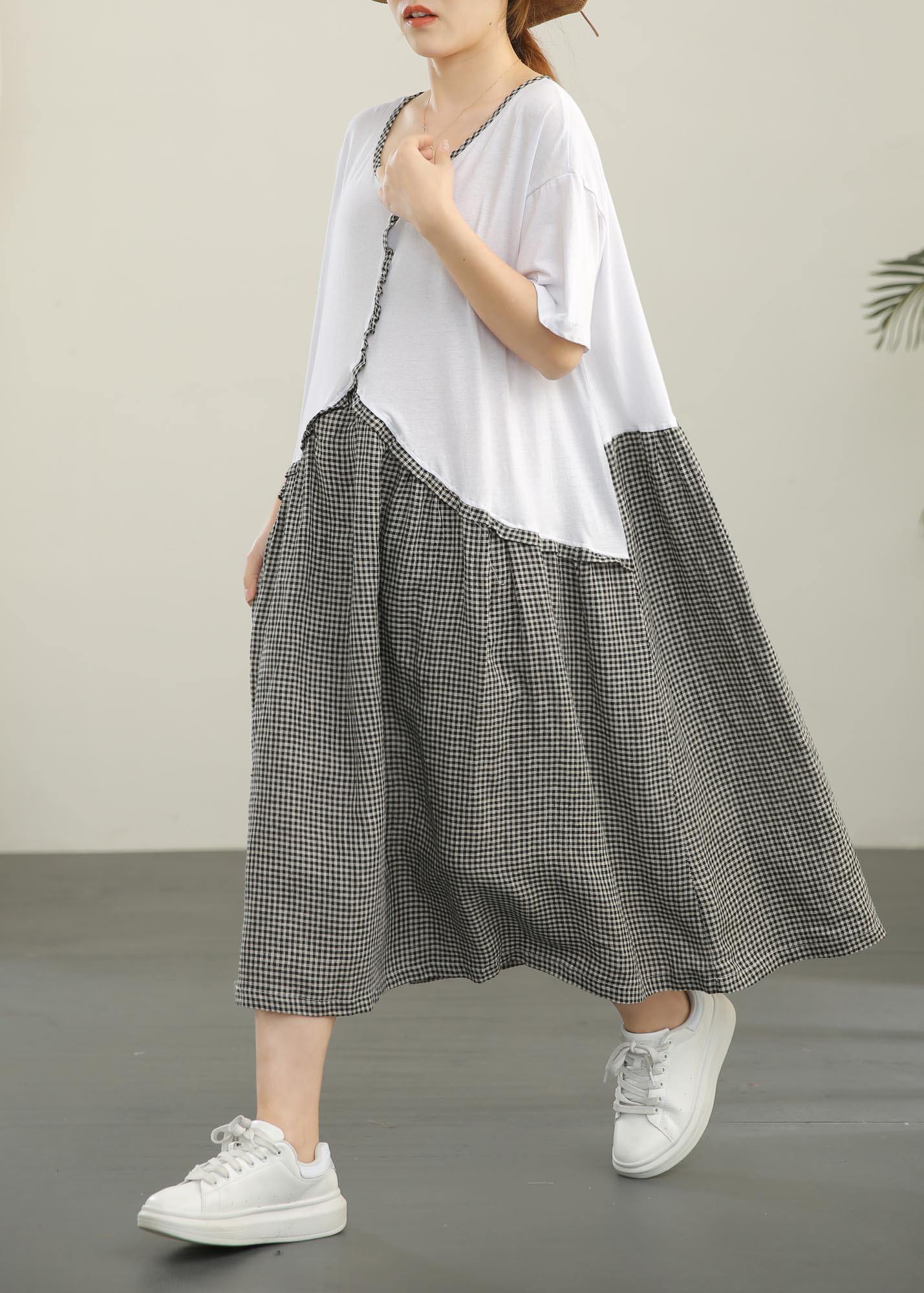 Organic White Patchwork Plaid Cotton Linen Holiday Dress Summer - SooLinen