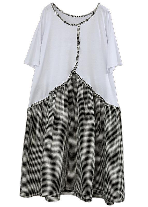 Organic White Patchwork Plaid Cotton Linen Holiday Dress Summer - SooLinen