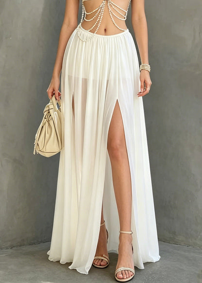 Organic White Pearl Patchwork Side Open Vest And Maxi Skirts Two Piece Set Sleeveless