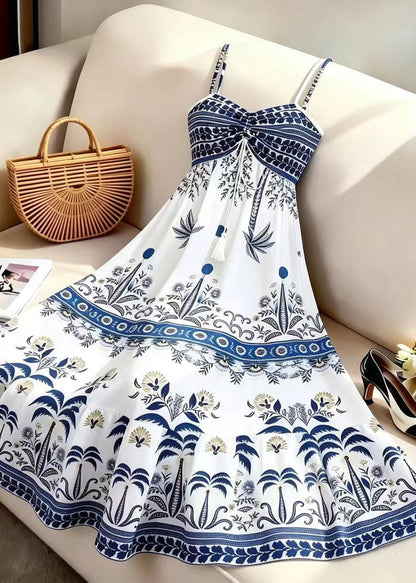 Organic White Print Drawstring Spaghetti Strap Chiffon Dress Summer