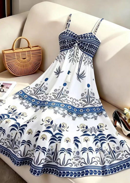 Organic White Print Drawstring Spaghetti Strap Chiffon Dress Summer