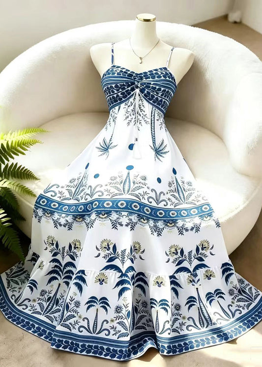 Organic White Print Drawstring Spaghetti Strap Chiffon Dress Summer