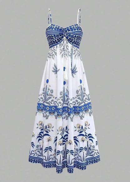 Organic White Print Drawstring Spaghetti Strap Chiffon Dress Summer
