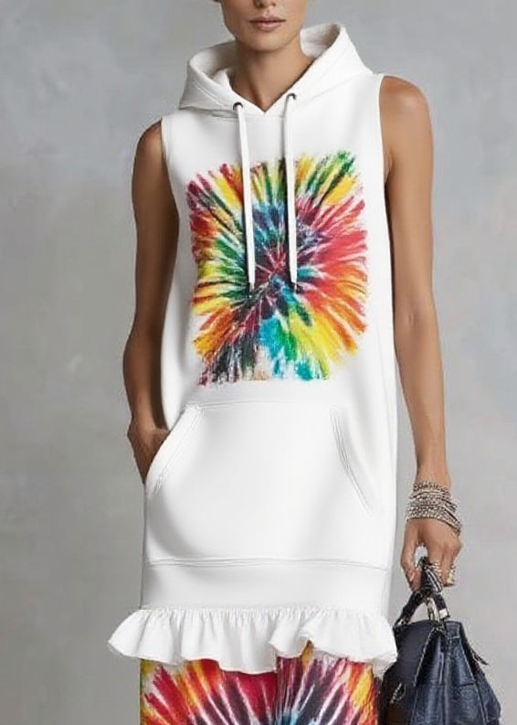 Organic White Ruffled Pocket Drawstring Holiday Long Dress Sleeveless