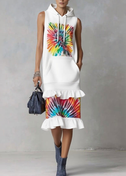 Organic White Ruffled Pocket Drawstring Holiday Long Dress Sleeveless