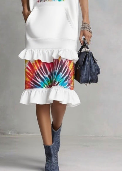 Organic White Ruffled Pocket Drawstring Holiday Long Dress Sleeveless