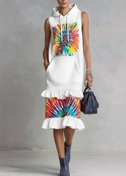 Organic White Ruffled Pocket Drawstring Holiday Long Dress Sleeveless