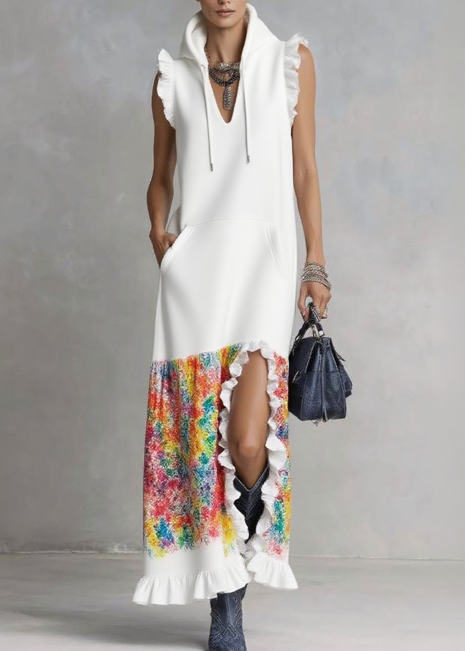 Organic White Ruffled Print Side Open Hooded Long Dresses Summer