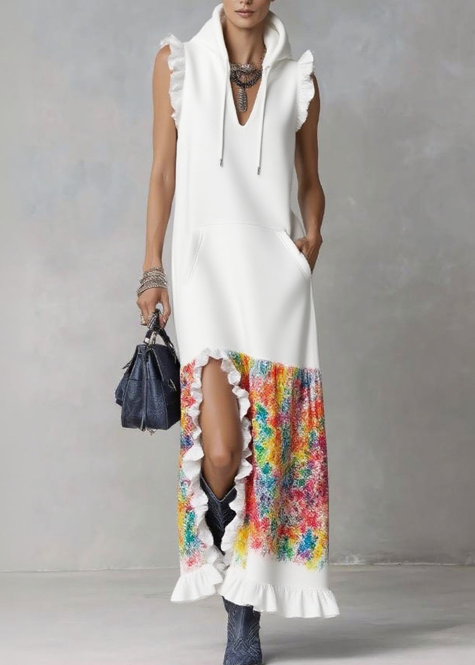 Organic White Ruffled Print Side Open Hooded Long Dresses Summer