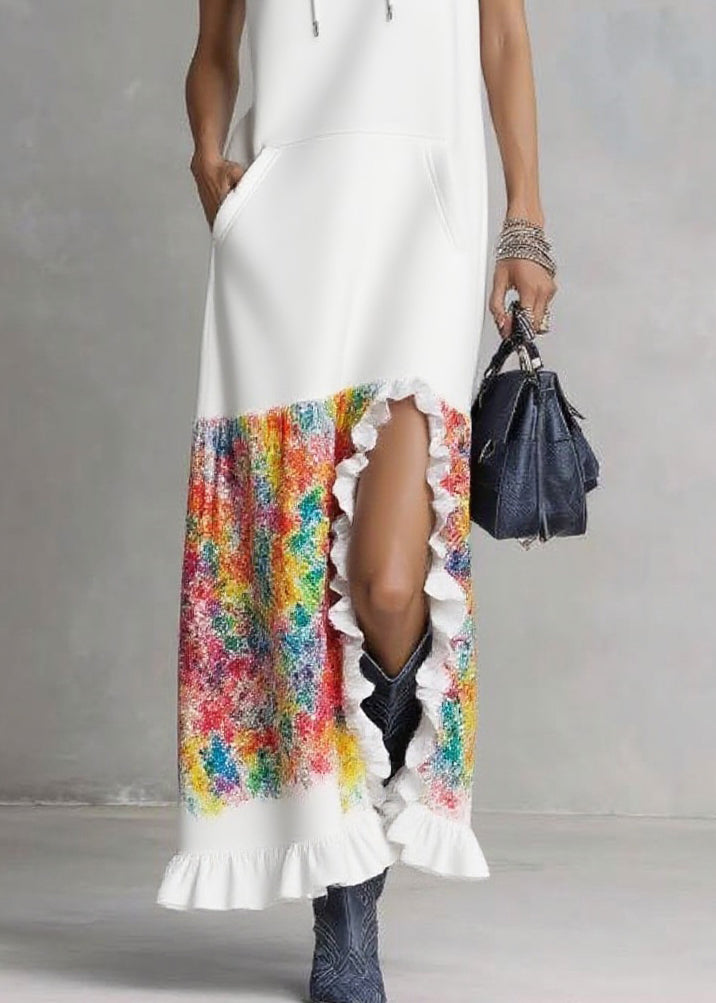 Organic White Ruffled Print Side Open Hooded Long Dresses Summer