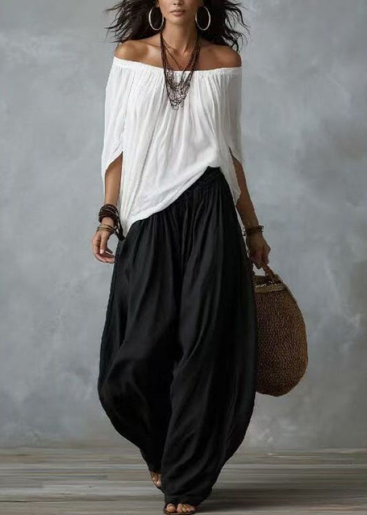 Organic White Slash Neck Top And Harem Pants Two Pieces Set Batwing Sleeve