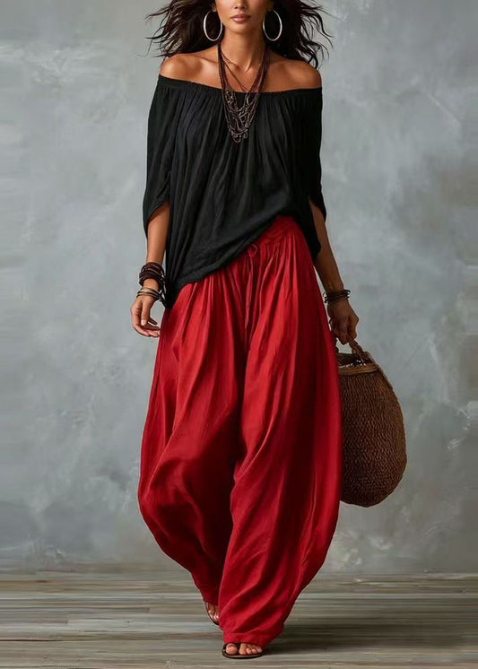Organic White Slash Neck Top And Harem Pants Two Pieces Set Batwing Sleeve