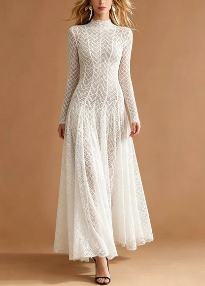 Organic White Stand Collar Hollow Out Lace Party Dress Summer