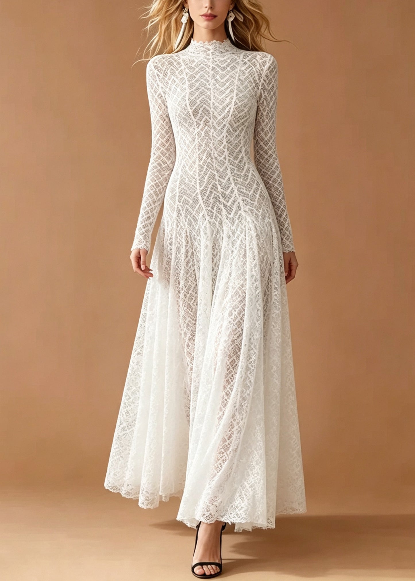 Organic White Stand Collar Hollow Out Lace Party Dress Summer