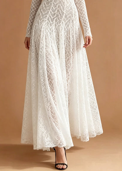 Organic White Stand Collar Hollow Out Lace Party Dress Summer