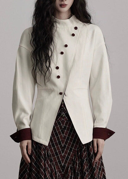 Organic White Stand Collar Patchwork Coats Fall