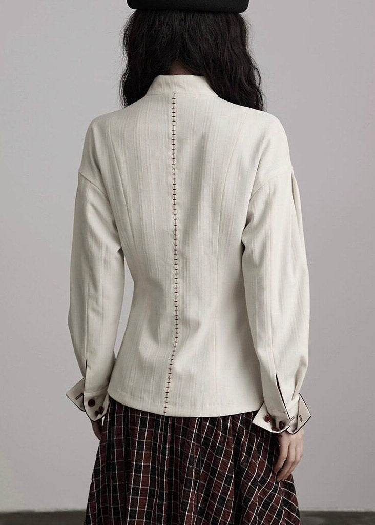 Organic White Stand Collar Patchwork Coats Fall