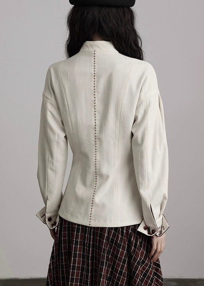 Organic White Stand Collar Patchwork Coats Fall