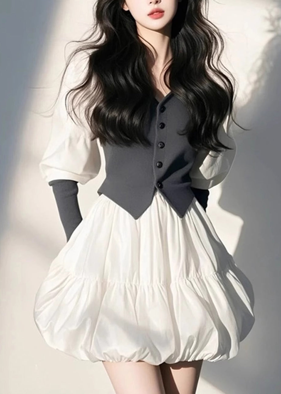 Organic White V Neck Button Mid Dress Puff Sleeve